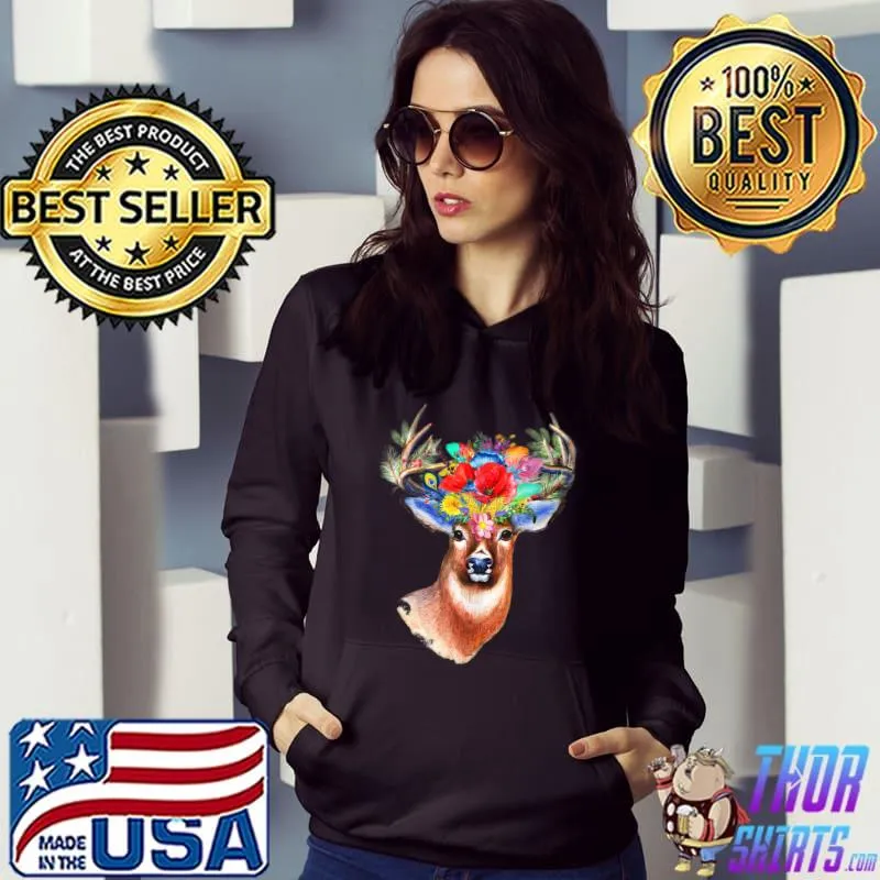 Awesome Deer Flower Floral Antlers Shirt Bohemian Art Deer Lover T-shirt