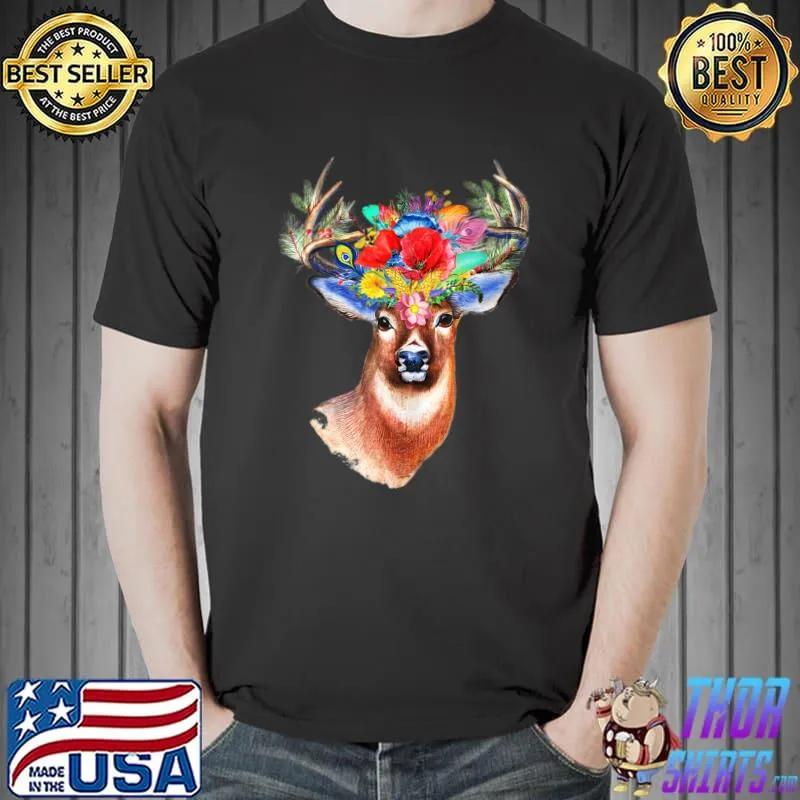 Awesome Deer Flower Floral Antlers Shirt Bohemian Art Deer Lover T- Unisex
