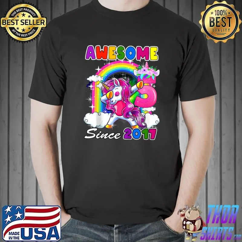 Awesome Kids 5th Birthday Gift Awesome Since 2017 Dabbing Unicorn Kids T-Shirt Unisex