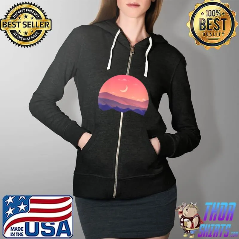 Awesome Pink Mountain and Moon Sunset Scene Silhouette T-Shirt Full Zip Hooded