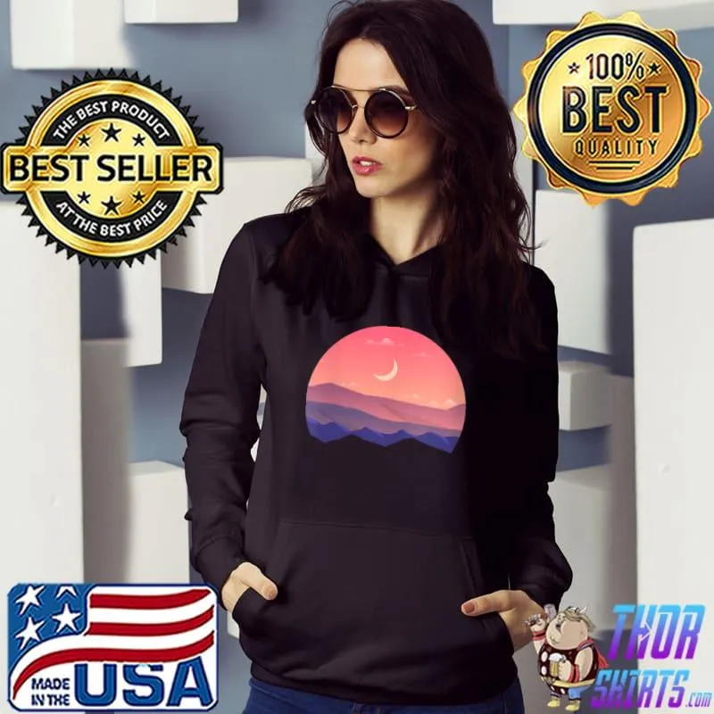 Awesome Pink Mountain and Moon Sunset Scene Silhouette T-Shirt