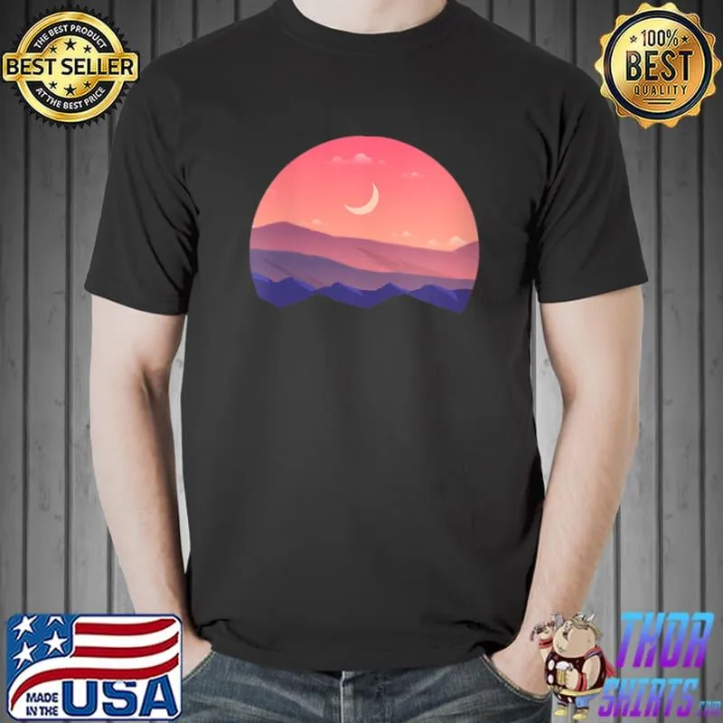 Awesome Pink Mountain and Moon Sunset Scene Silhouette T-Shirt Unisex