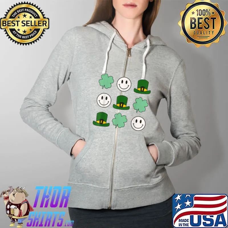Awesome Retro St Patrick Day Smiley Face Leprechaun Hat Shamrock T-Shirt Full Zip Hooded