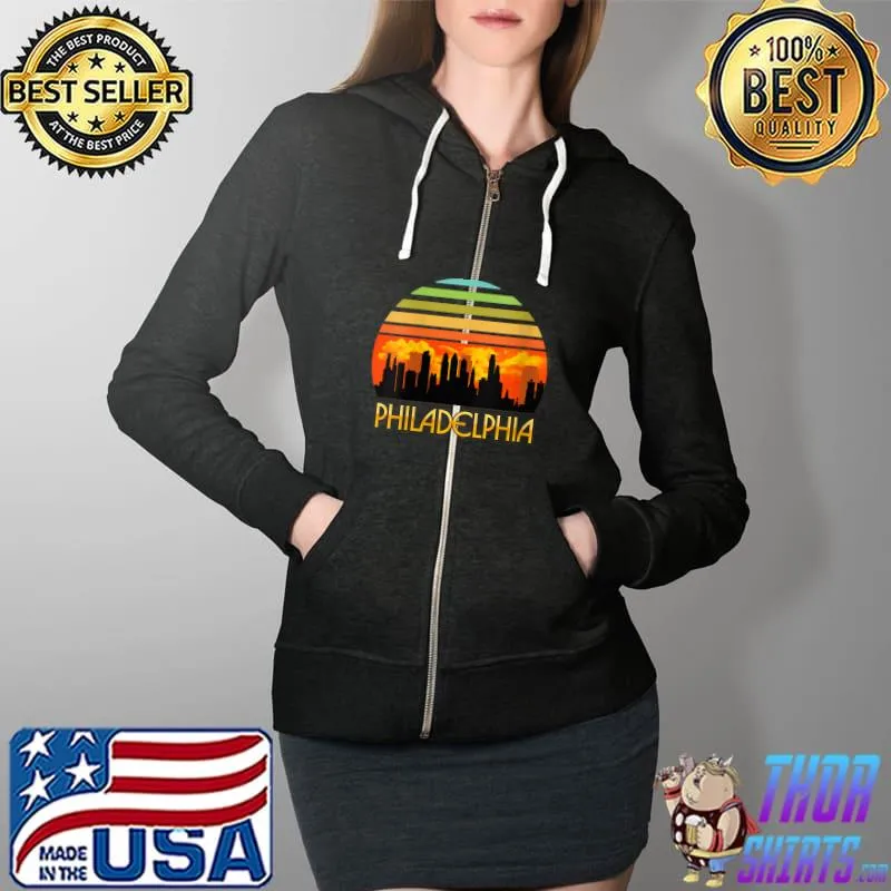 Awesome Vintage Retro Sunset Downtown Philadelphia Skyline T- Full Zip Hooded