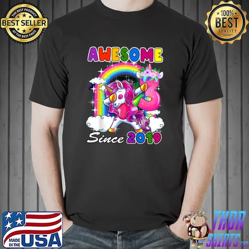 Best 3rd Birthday Gift Awesome Since 2019 Dabbing Unicorn Kids T-Shirt Unisex