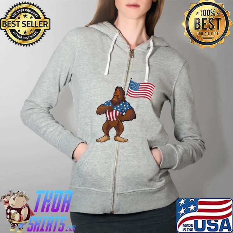 Bigfoot 4th of July Sasquatch American USA Flag Patriotic T- Full Zip Hooded