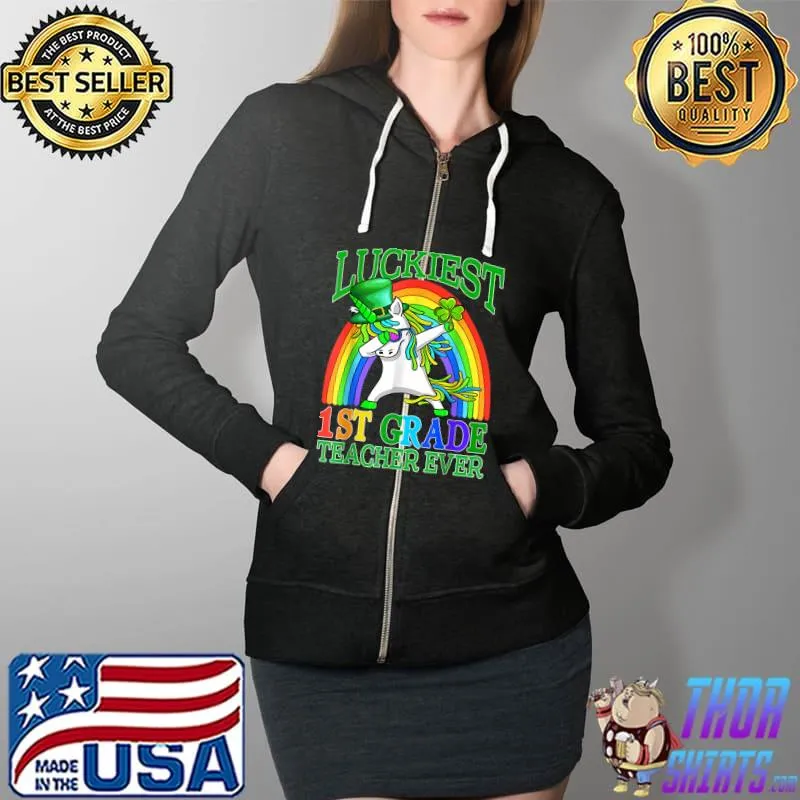 Funny Lucky 1st GRADE St Patrick's Day Teacher Unicorn Rainbow T-Shirt Full Zip Hooded