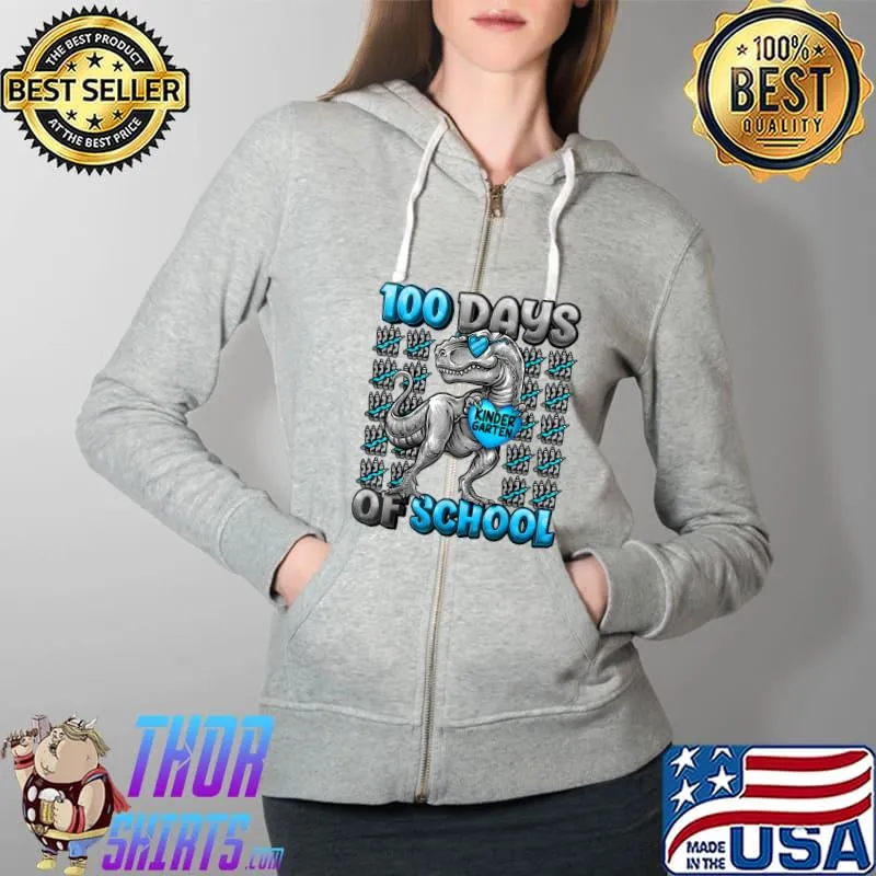 Funny T-rex 100 Days Of School Kindergarten 100 Days Smarter Boys T-Shirt Full Zip Hooded