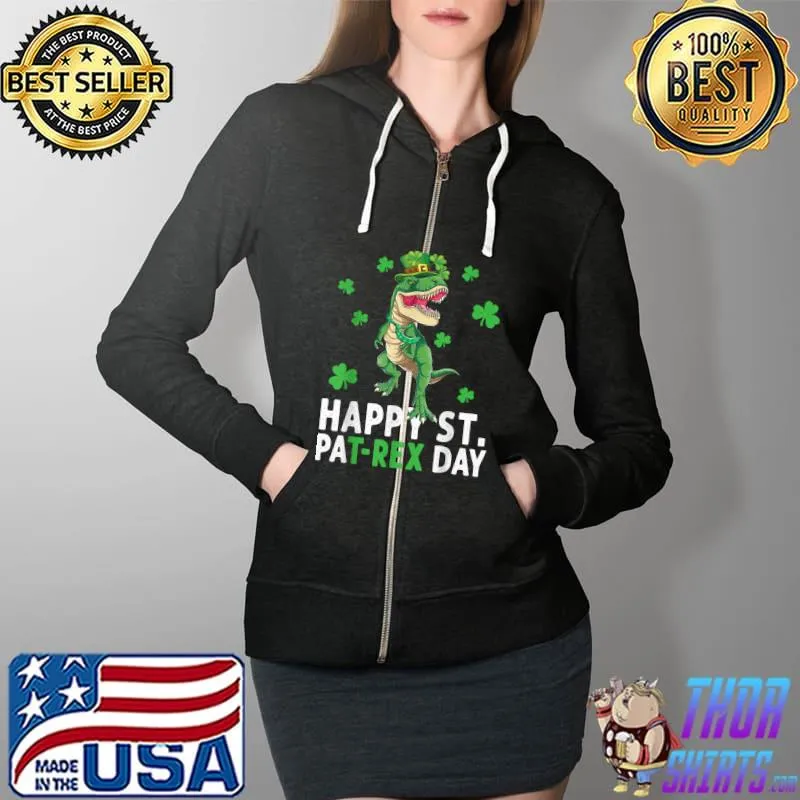 Happy St Pat T-Rex Saint Patrick's Day Dinosaur Boys Kids T-Shirt Full Zip Hooded