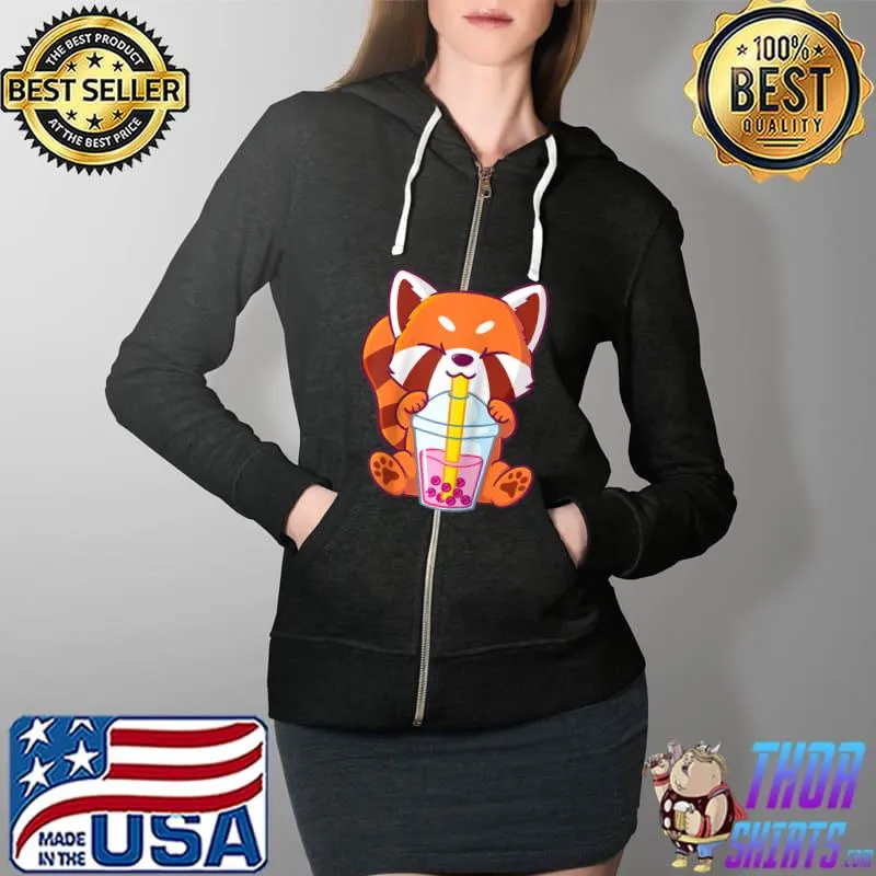 Kawaii Red Panda Bubble Tea Boba Anime Neko Chinese Raglan Baseball T Shirt Full Zip Hooded