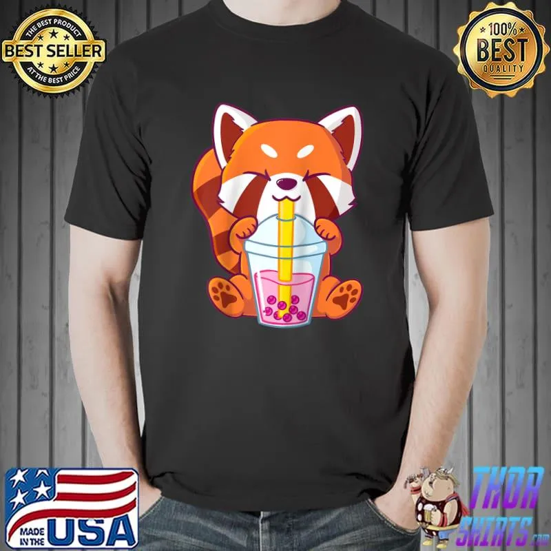 Kawaii Red Panda Bubble Tea Boba Anime Neko Chinese Raglan Baseball T Shirt Unisex