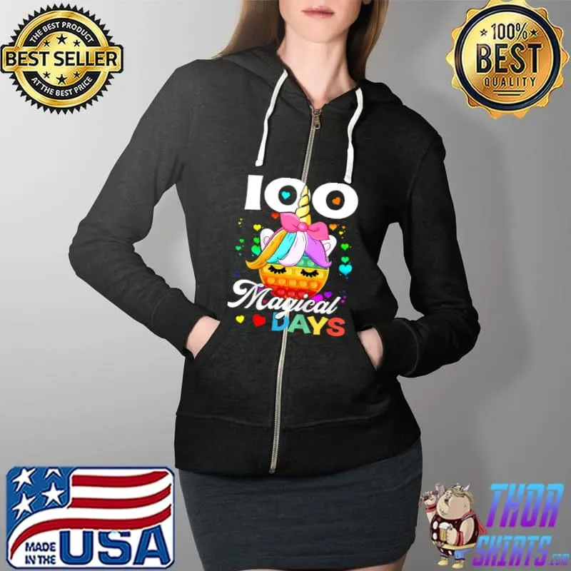 Kids 100th Day of School Unicorn 100 Magical Days Teacher Girls T-Shirt Full Zip Hooded