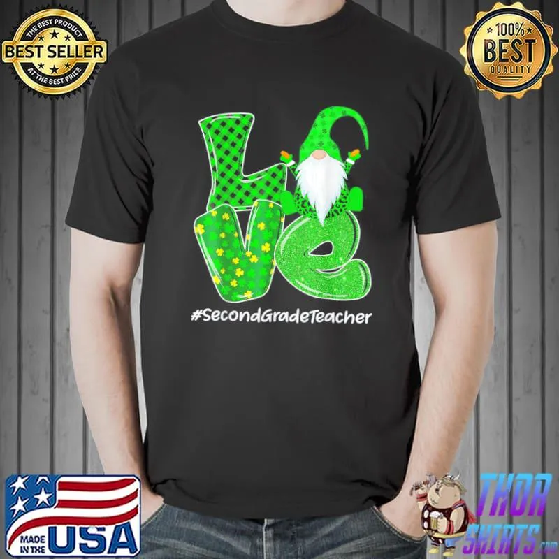 Love Second Grade Gnome St Patrick’s Day Green Plaid Teacher T-Shirt Unisex