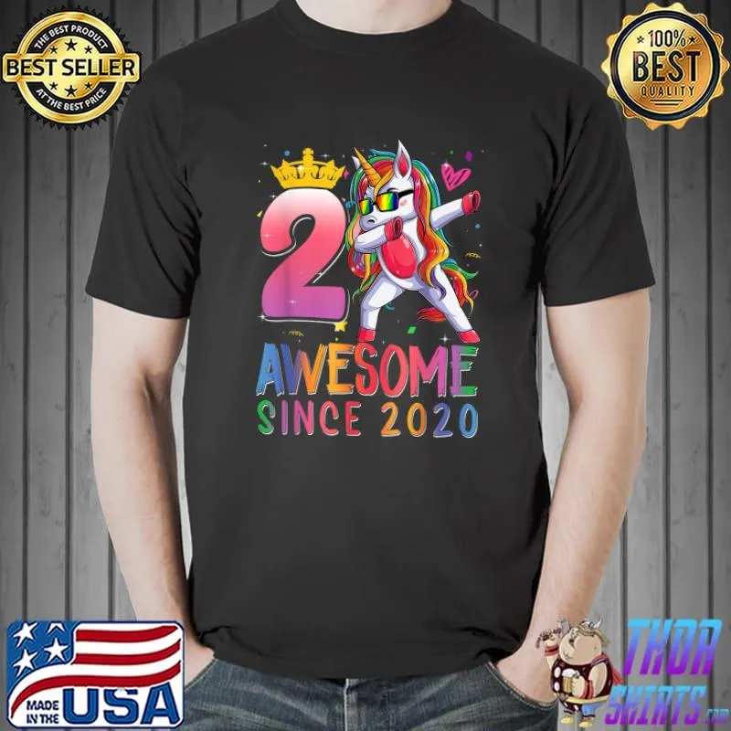 Nice Awesome Since 2020 Dabbing Unicorn Birthday 2 Year Old Girls T-Shirt Unisex