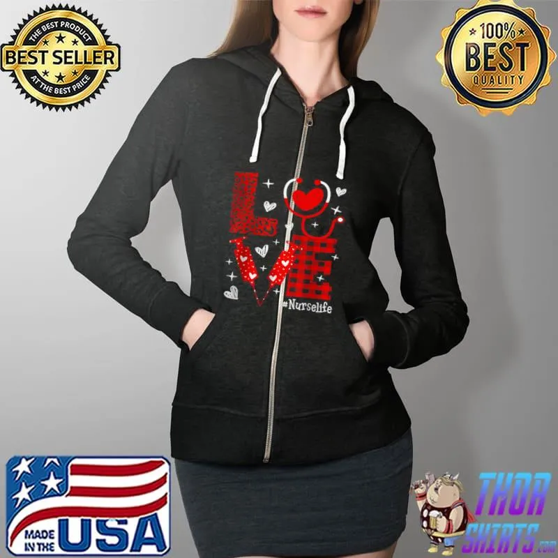 Original Love Nurse Leopard Red Heart Lover Valentines Day Nursing T Shirt Full Zip Hooded