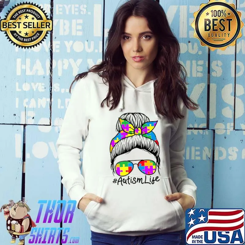 Original Messy Bun Hair Sunglasses Teacher Autism Family Kindergarten Premium T-Shirt