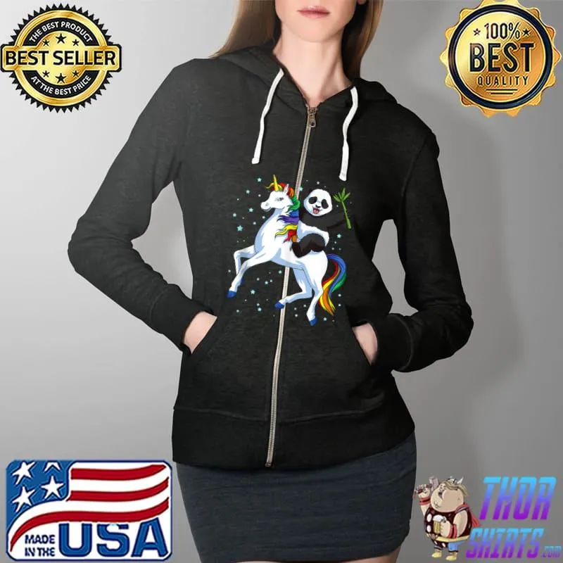 Panda Unicorn Shirt Rainbow Panda Riding Unicorn Pandicorn T- Full Zip Hooded