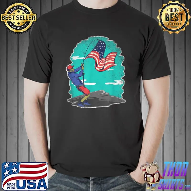 Patriotic Fisherman with American US Flag and Fishing Rod T-Shirt Unisex