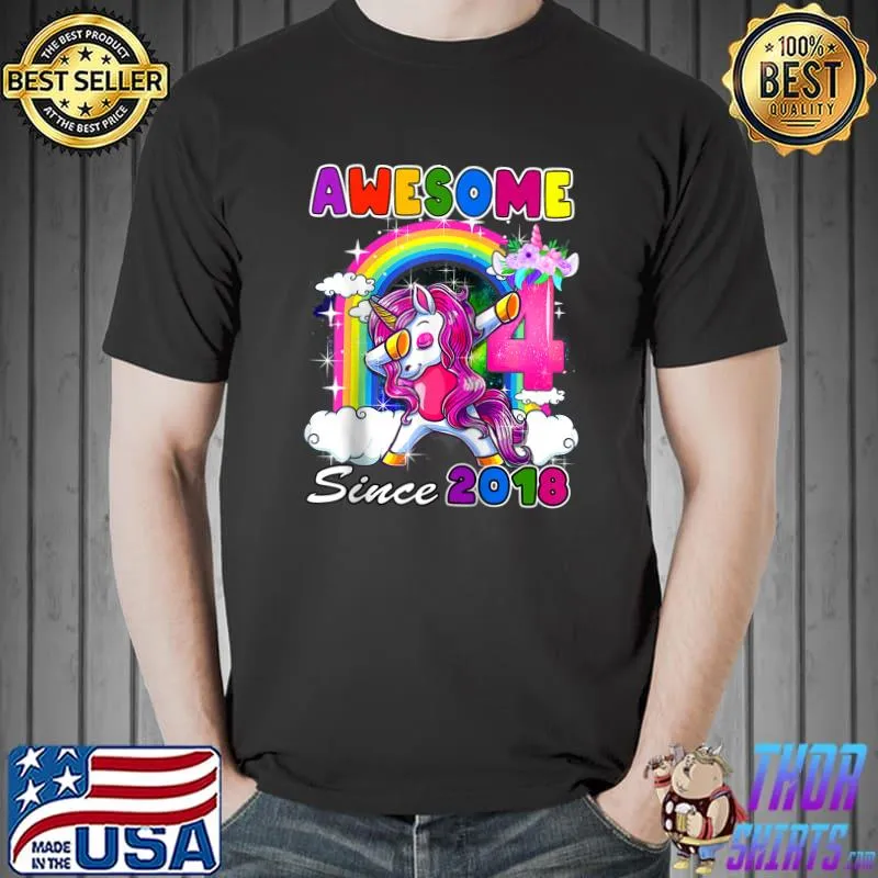 Premium 4th Birthday Gift Awesome Since 2018 Dabbing Unicorn Kids Raglan Baseball T Shirt Unisex