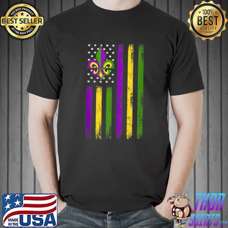 Retro Vintage Fleurs De Lis Mardi Gras American Flag Party T Shirt Unisex