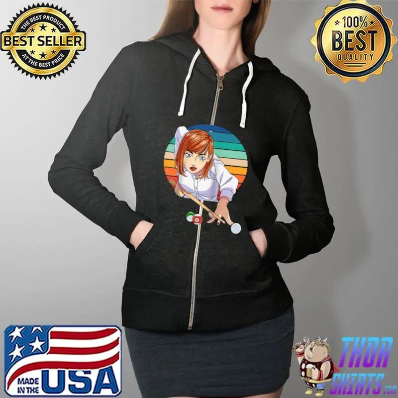 Top Pool Female Player Billiards Cue Ball Girl Shark Raglan Baseball T Shirt Full Zip Hooded
