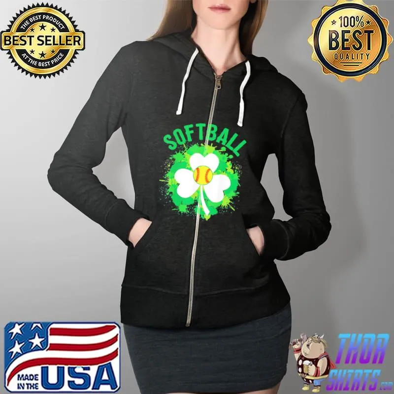 Top Softball Shamrock Lucky Clover Irish St Patrick’s Day T-Shirt Full Zip Hooded