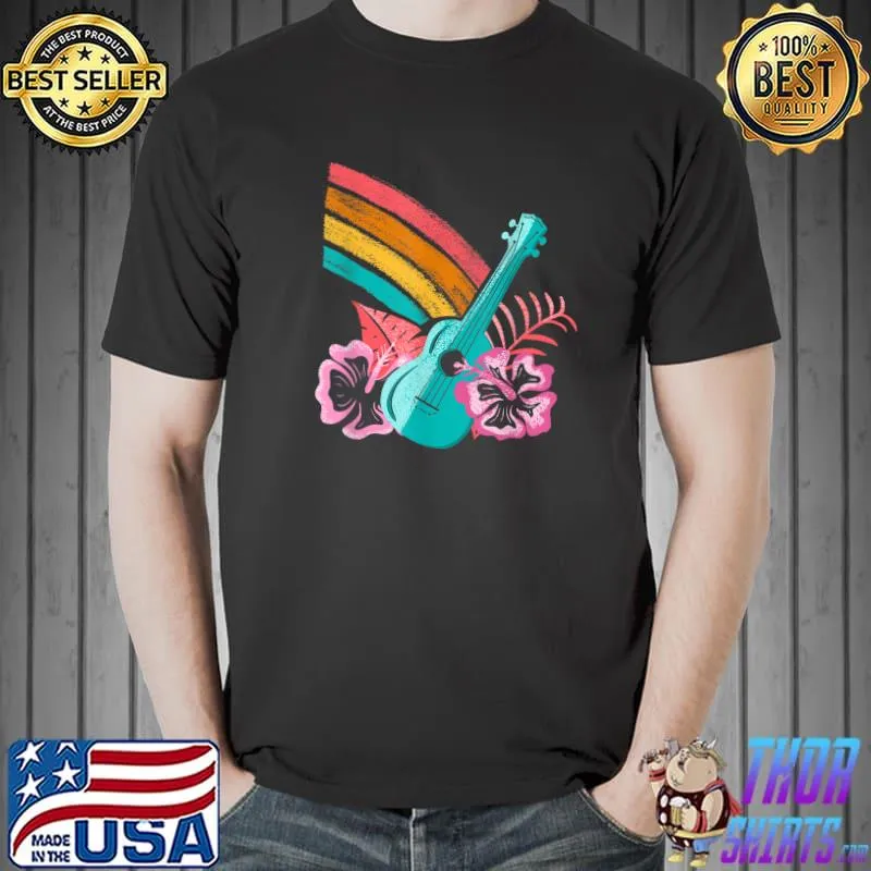 Tropical Ukulele Rainbow Hibiscus Flowers Hawaiian Island Pa T-Shirt Unisex