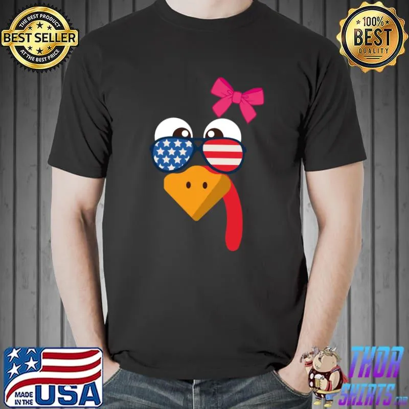 Turkey Face Girl Pink Bow USA Flag Thanksgiving Kids T-Shirt Unisex