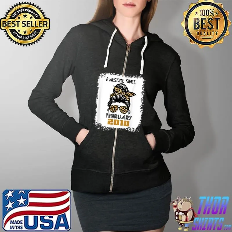 Awesome Since February 2010 12 Birthday messy bun leopard T-Shirt Full Zip Hooded