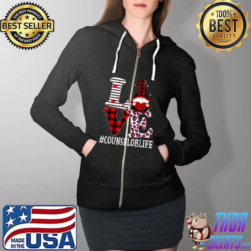 Counselor Love Leopard Red Plaid Appreciation Valentine T-Shirt Full Zip Hooded