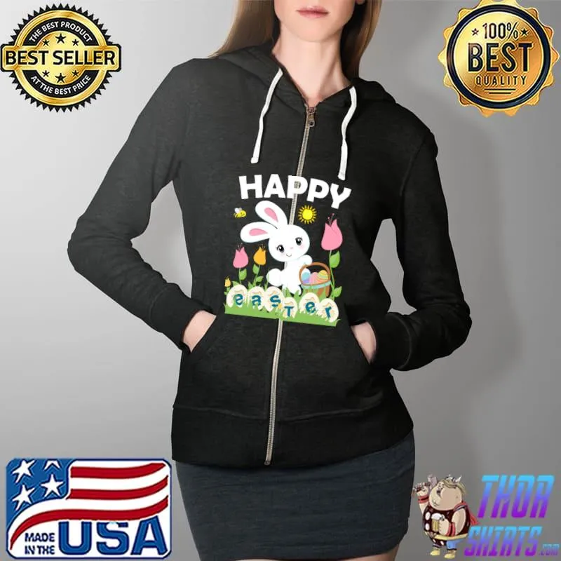 HAPPY EASTER Bunny Egg Basket Honeybee Flowers Sun T-Shirt Full Zip Hooded