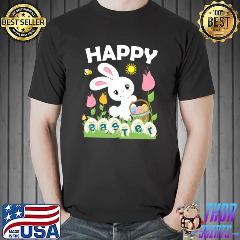 HAPPY EASTER Bunny Egg Basket Honeybee Flowers Sun T-Shirt Unisex