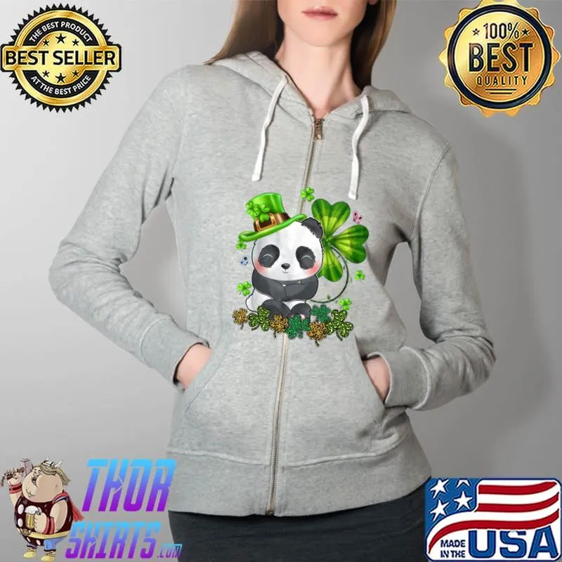 Happy St. Patrick's Day Panda Green Buffalo Plaid Shamrocks T-Shirt Full Zip Hooded