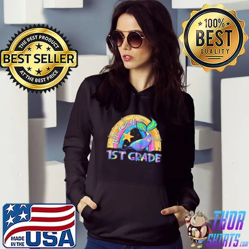 Official 100 Days Of 1st First Grade Of School Mermaid Tail Rainbow T-shirt