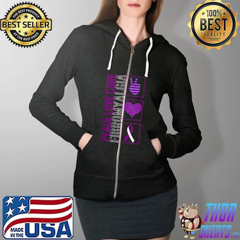 Peace Love Cure Fibromyalgia Awareness Ribbon Warrior Suppor T-Shirt Full Zip Hooded