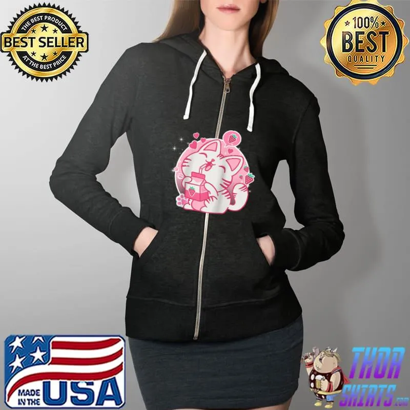 Strawberry Shake Strawberry Milk Cat Kawaii Neko Anime Girls T- Full Zip Hooded