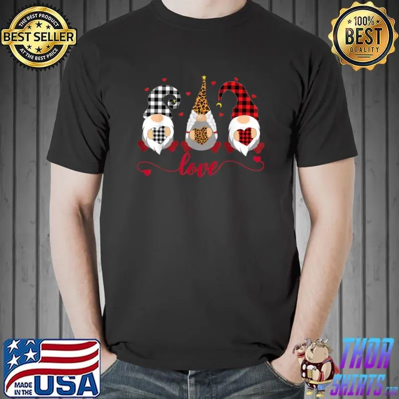 Three Gnomes Holding Hearts Valentines Day Leopard Red Plaid T-Shirt Unisex