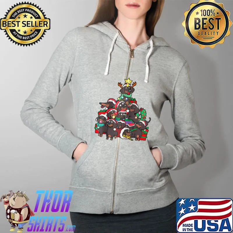 Top Dachshund Dog Christmas Tree Dog Santa Xmas Dogmas Pajamas T- Full Zip Hooded