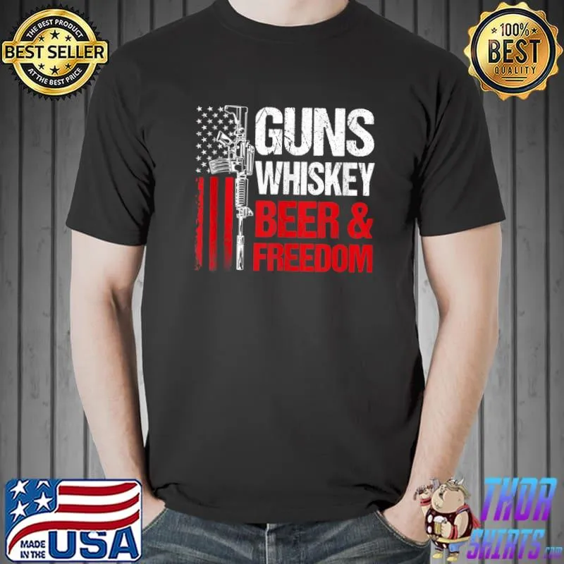 Top Dad Grandpa Veteran US Flag Guns Whiskey Beer Freedom T- Unisex