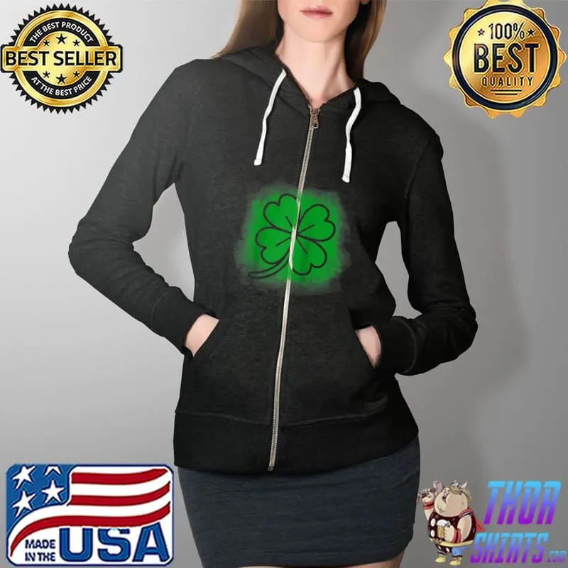 Trendy Green Bleach Effect And Distressed 4 Leaf Clover T-Shirt Full Zip Hooded