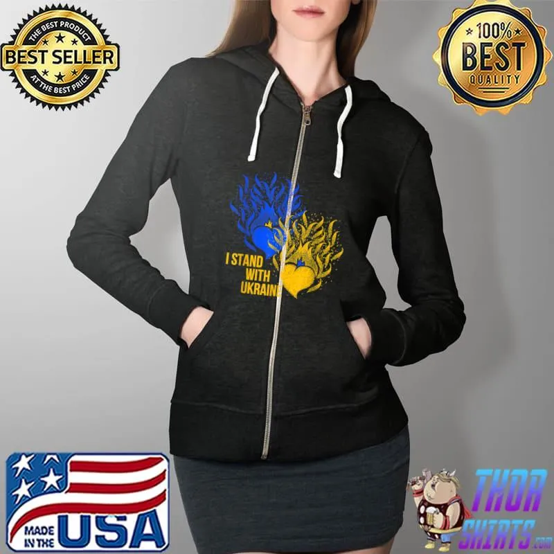 Ukraine Supporter Flag Color Blue Yellow Fire Hearts T-Shirt Full Zip Hooded