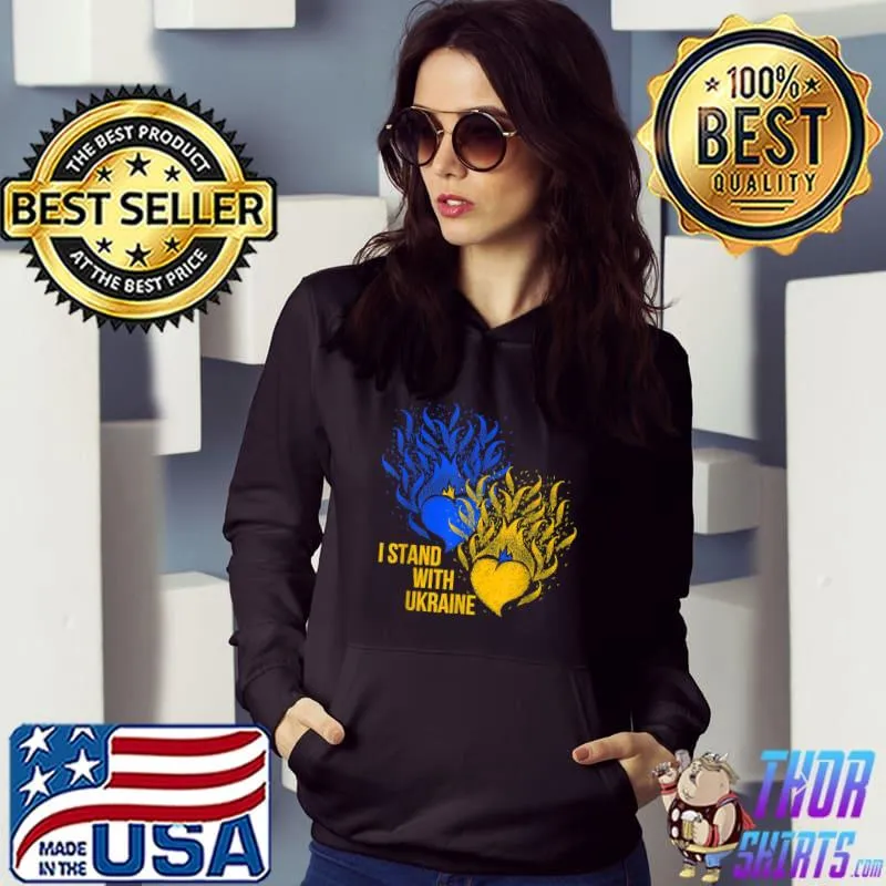Ukraine Supporter Flag Color Blue Yellow Fire Hearts T-Shirt Hoodie