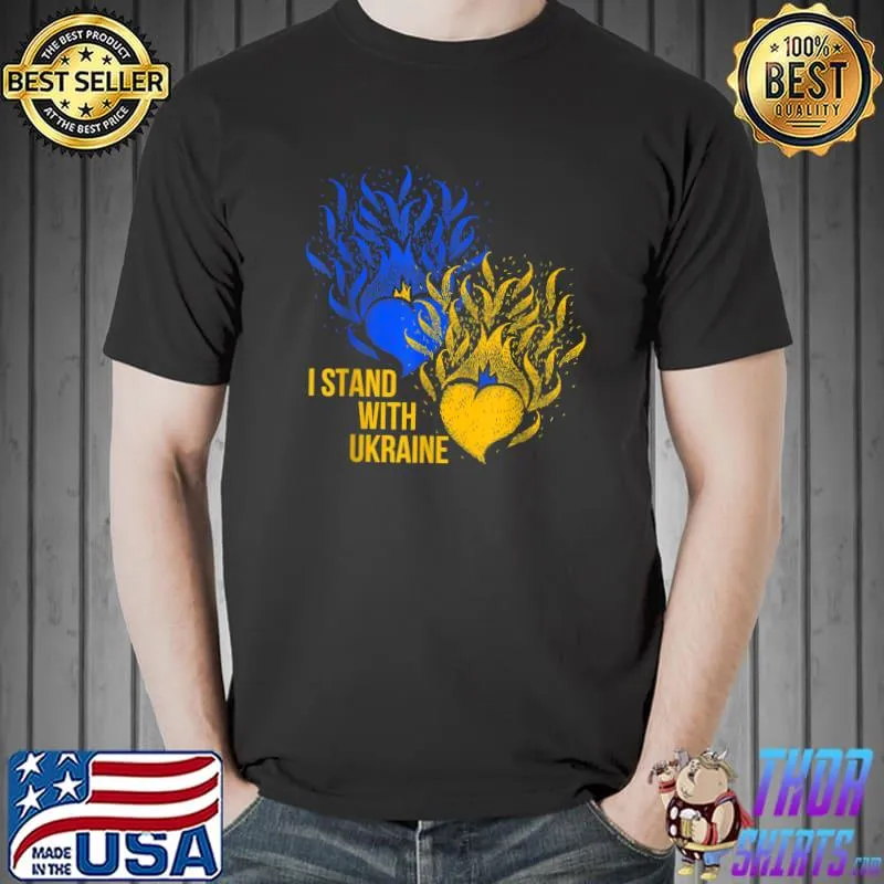 Ukraine Supporter Flag Color Blue Yellow Fire Hearts T-Shirt