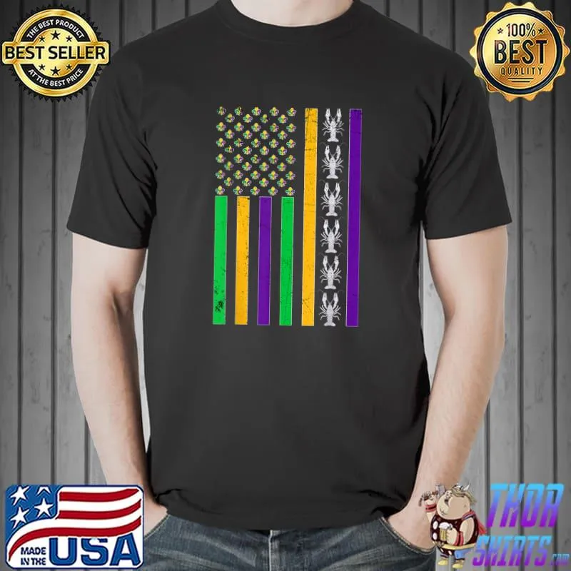 Vintage American Flag Mardi Gras Crawfish Unique Mardi Gras T-Shirt