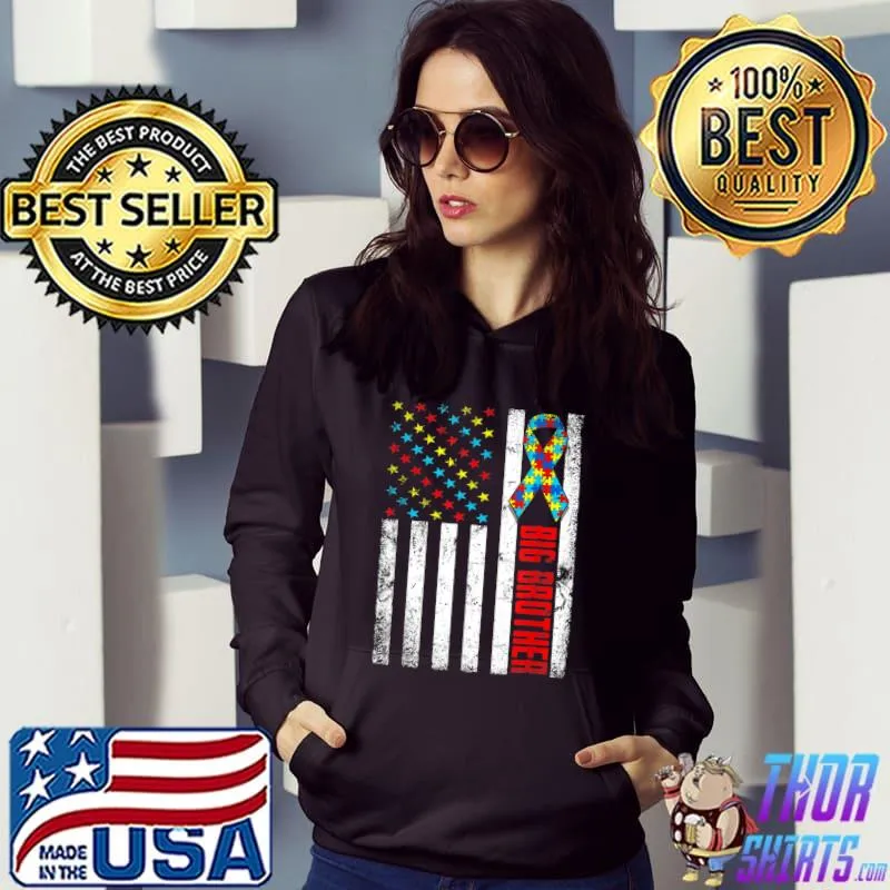 Distressed American Flag Big Brother Autism Awareness Family T-Shirt Hoodie