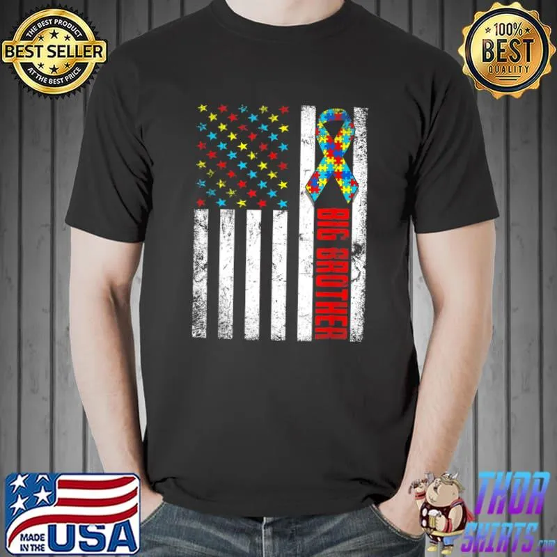 Distressed American Flag Big Brother Autism Awareness Family T-Shirt Unisex