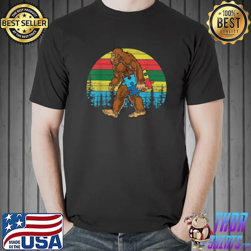 Funny Retro Bigfoot Autism Awareness Month Puzzle Fighter T-Shirt Unisex