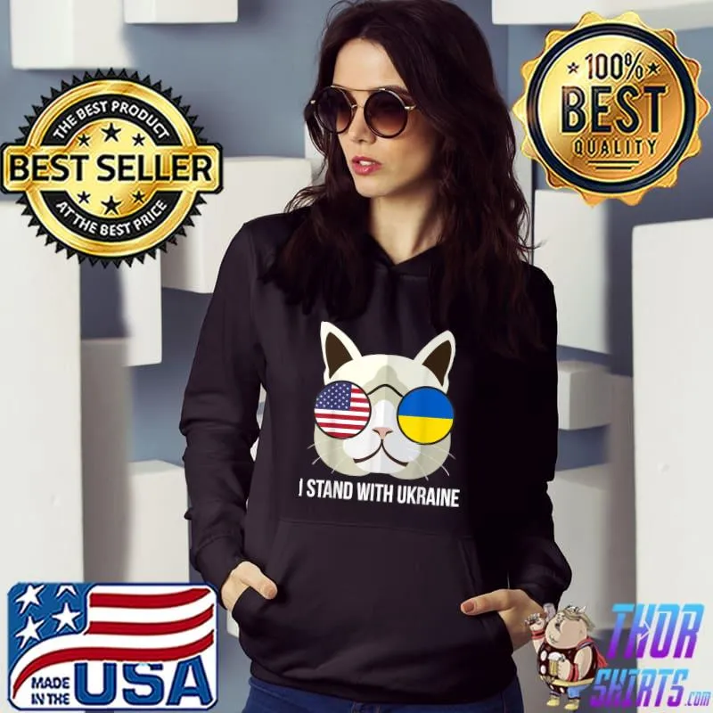 I Stand With Ukraine Ukrainian American Cat USA Flag T-Shirt