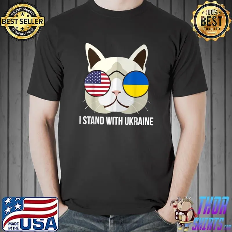 I Stand With Ukraine Ukrainian American Cat USA Flag T-Shirt Unisex