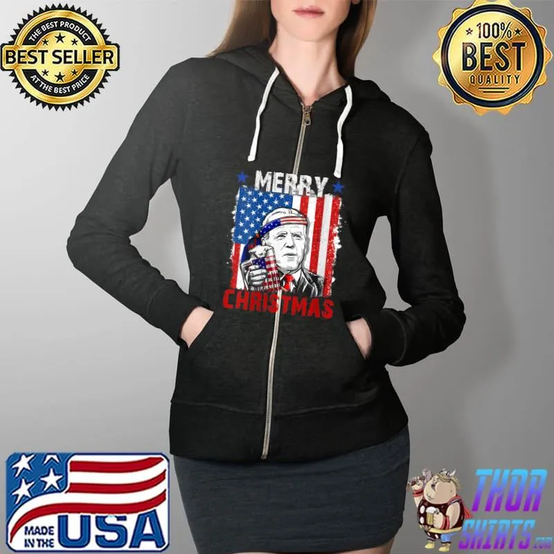 Joe Biden Merry Christmas Confused 4th Of July USA Flag T- Full Zip Hooded